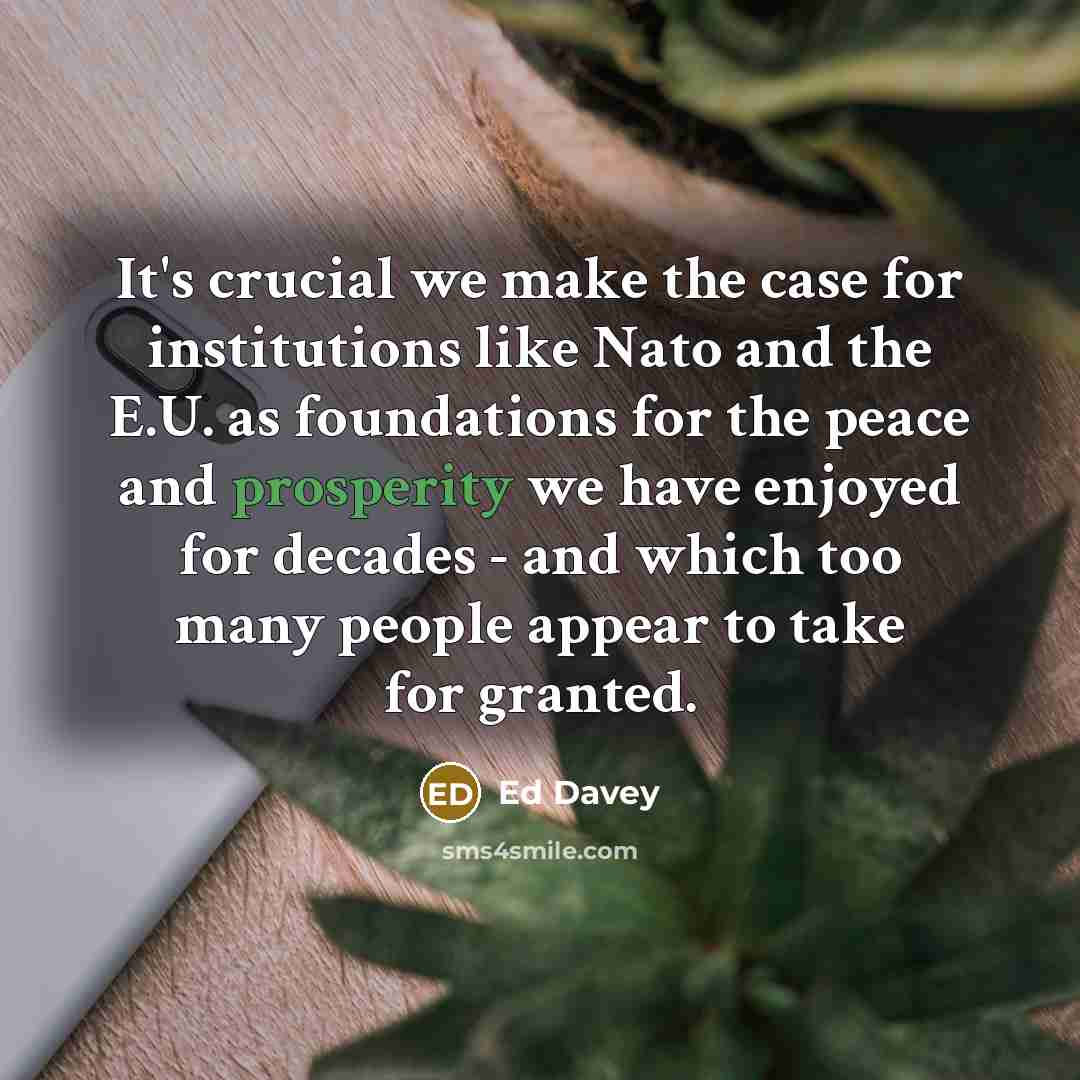 “It's crucial we make the case for institutions like Nato and the E.U. as foundations for the peace and prosperity we have enjoyed for decades - and which too many people appear to take for granted.” quote by Ed Davey