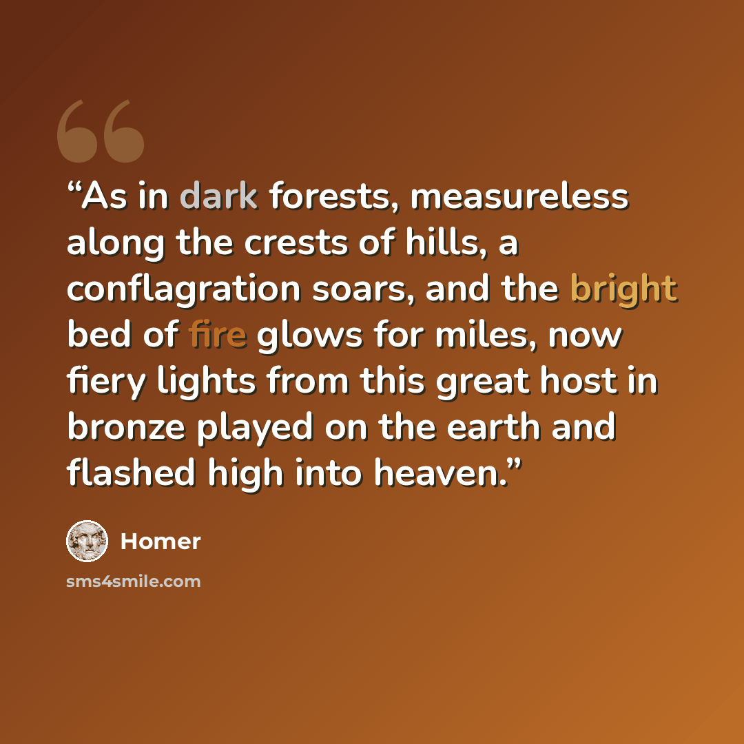 “As in dark forests, measureless along the crests of hills, a conflagration soars, and the bright bed of fire glows for miles, now fiery lights from this great host in bronze played on the earth and flashed high into heaven.” quote by Homer