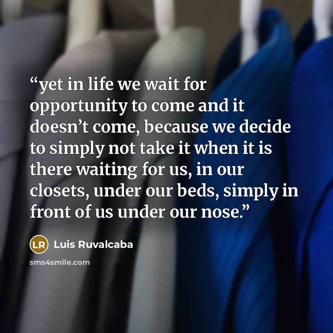 “yet in life we wait for opportunity to come and it doesn’t come, because we decide to simply not take it when it is there waiting for us, in our closets, under our beds, simply in front of us under our nose.” quote by Luis Ruvalcaba