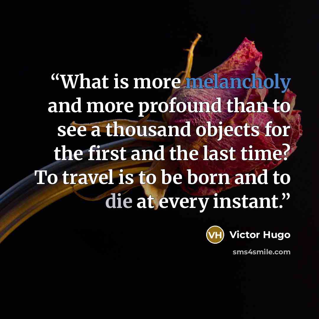 “What is more melancholy and more profound than to see a thousand objects for the first and the last time? To travel is to be born and to die at every instant.” quote by Victor Hugo