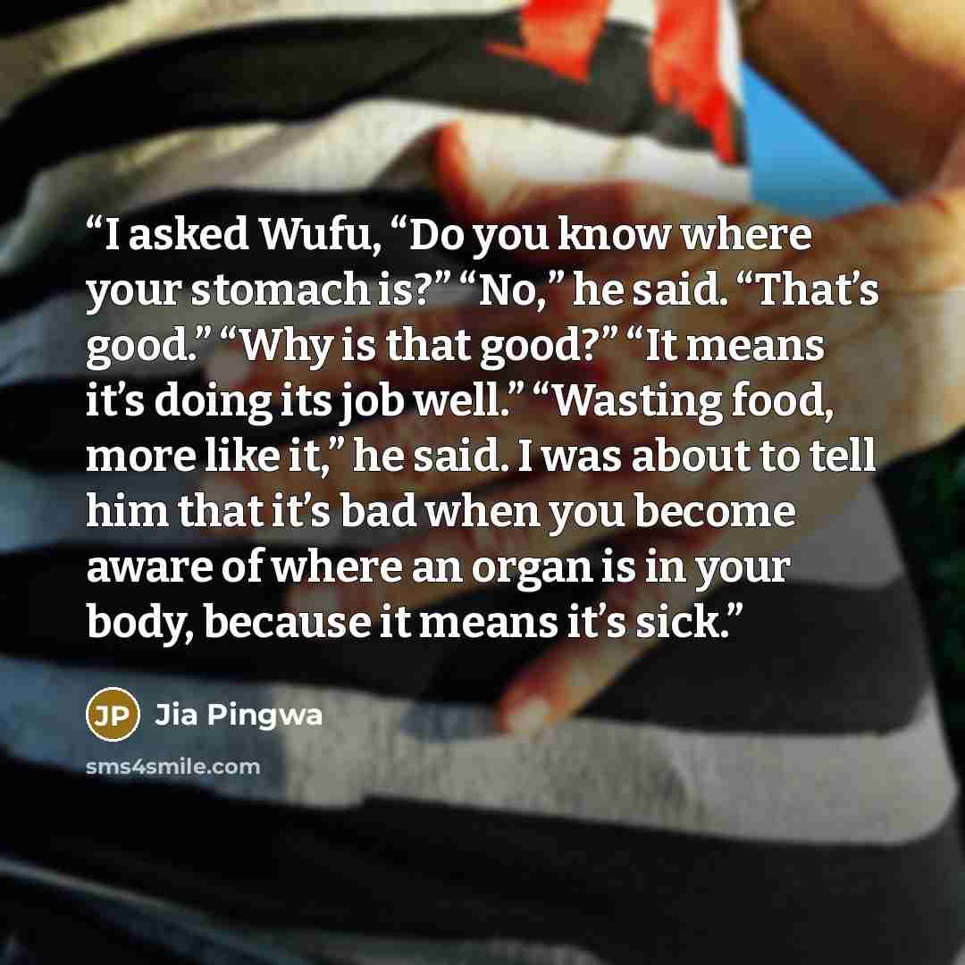 “I asked Wufu, “Do you know where your stomach is?” “No,” he said. “That’s good.” “Why is that good?” “It means it’s doing its job well.” “Wasting food, more like it,” he said. I was about to tell him that it’s bad when you become aware of where an organ is in your body, because it means it’s sick.” quote by Jia Pingwa