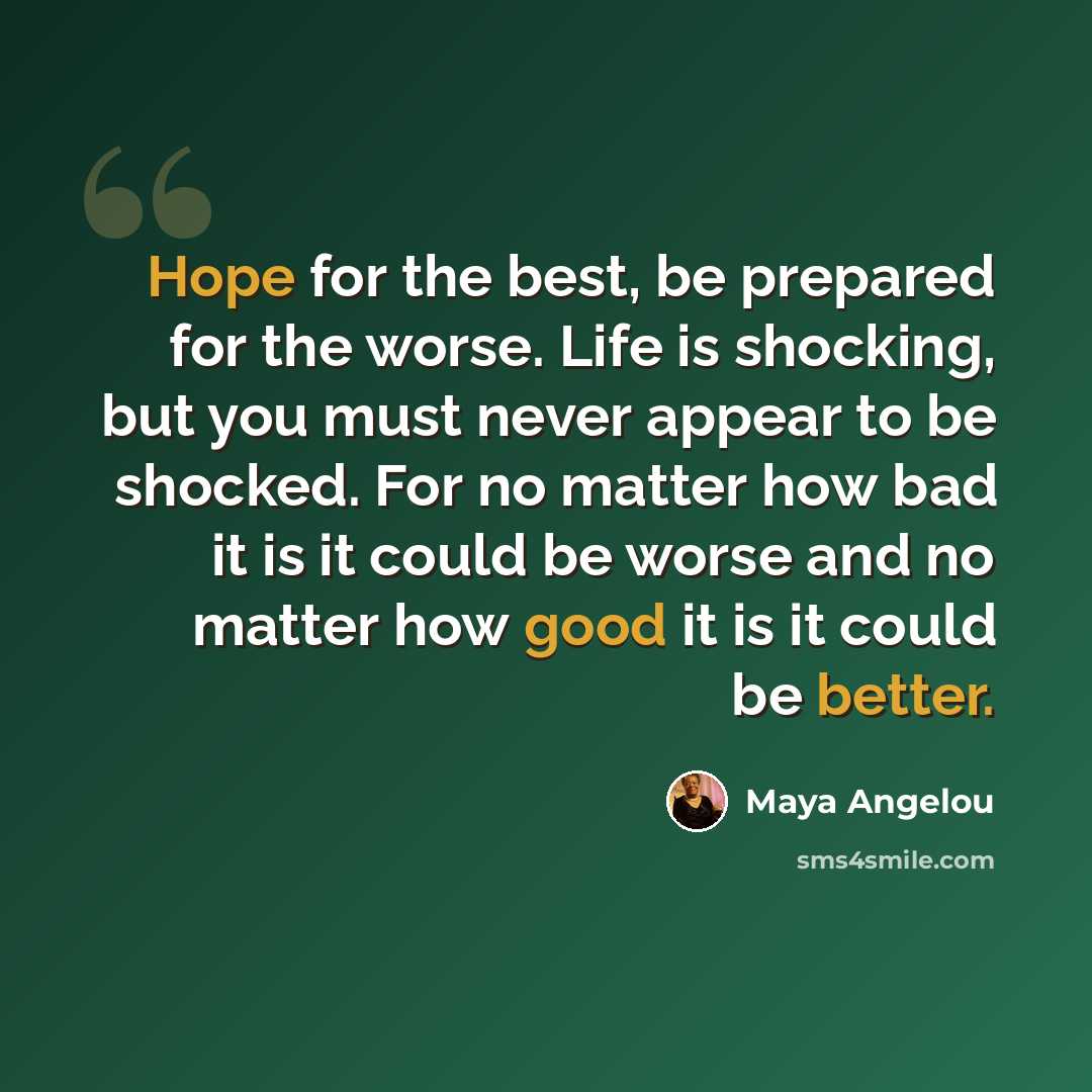 “Hope for the best, be prepared for the worse. Life is shocking, but you must never appear to be shocked. For no matter how bad it is it could be worse and no matter how good it is it could be better.” quote by Maya Angelou