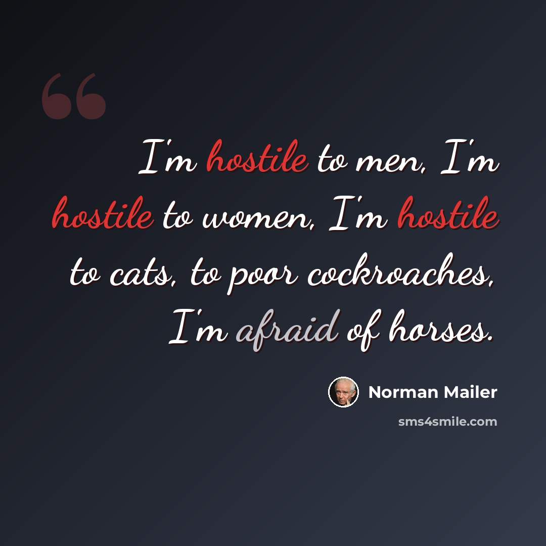 “I'm hostile to men, I'm hostile to women, I'm hostile to cats, to poor cockroaches, I'm afraid of horses.” quote by Norman Mailer