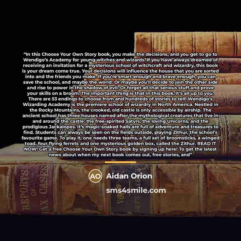 “In this Choose Your Own Story book, you make the decisions, and you get to go to Wendigo’s Academy for young witches and wizards. If you have always dreamed of receiving an invitation for a mysterious school of witchcraft and wizardry, this book is your dream come true. Your decisions will…” quote by Aidan Orion