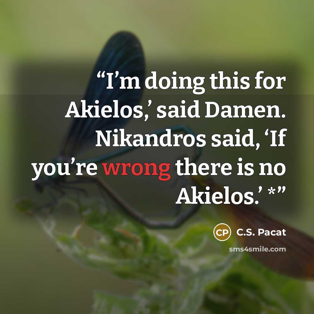 “I’m doing this for Akielos,’ said Damen. Nikandros said, ‘If you’re wrong there is no Akielos.’ *” quote by C.S. Pacat