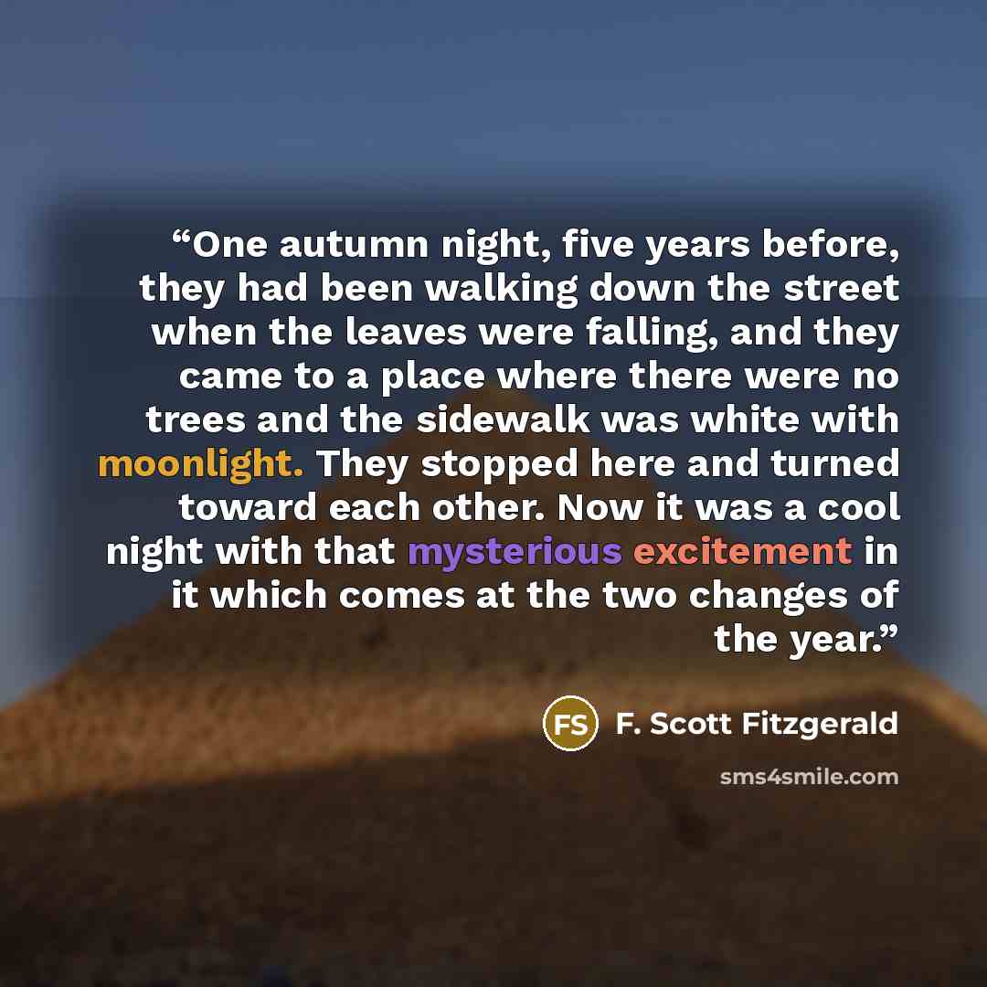 “One autumn night, five years before, they had been walking down the street when the leaves were falling, and they came to a place where there were no trees and the sidewalk was white with moonlight. They stopped here and turned toward each other. Now it was a cool night with that mysterious…” quote by F. Scott Fitzgerald