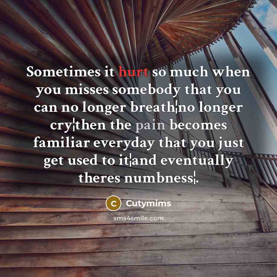 “Sometimes it hurt so much when you misses somebody that you can no longer breath¦no longer cry¦then the pain becomes familiar everyday that you just get used to it¦and eventually theres numbness¦.” quote by Cutymims