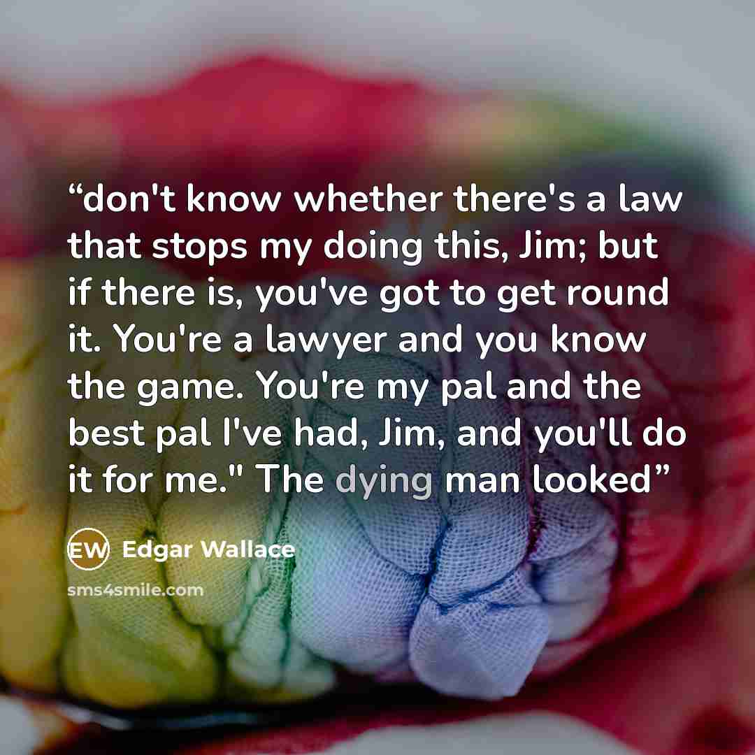 “don't know whether there's a law that stops my doing this, Jim; but if there is, you've got to get round it. You're a lawyer and you know the game. You're my pal and the best pal I've had, Jim, and you'll do it for me." The dying man looked” quote by Edgar Wallace