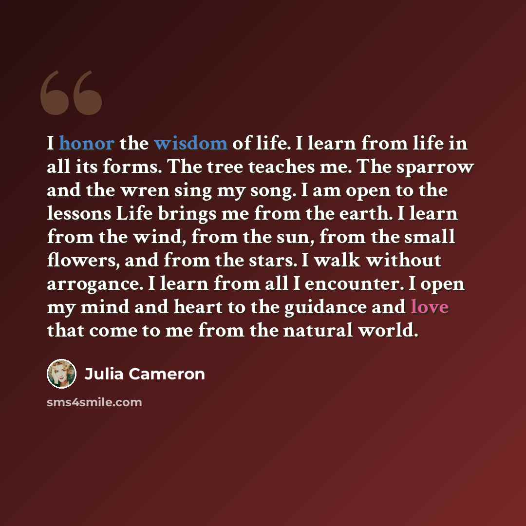 “I honor the wisdom of life. I learn from life in all its forms. The tree teaches me. The sparrow and the wren sing my song. I am open to the lessons Life brings me from the earth. I learn from the wind, from the sun, from the small flowers, and from the stars. I walk without arrogance. I learn…” quote by Julia Cameron