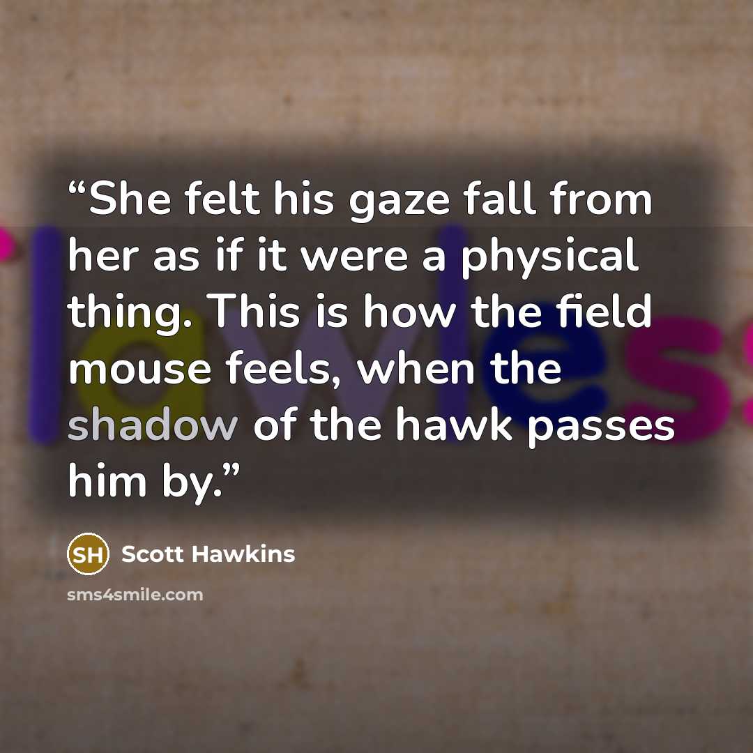 “She felt his gaze fall from her as if it were a physical thing. This is how the field mouse feels, when the shadow of the hawk passes him by.” quote by Scott Hawkins