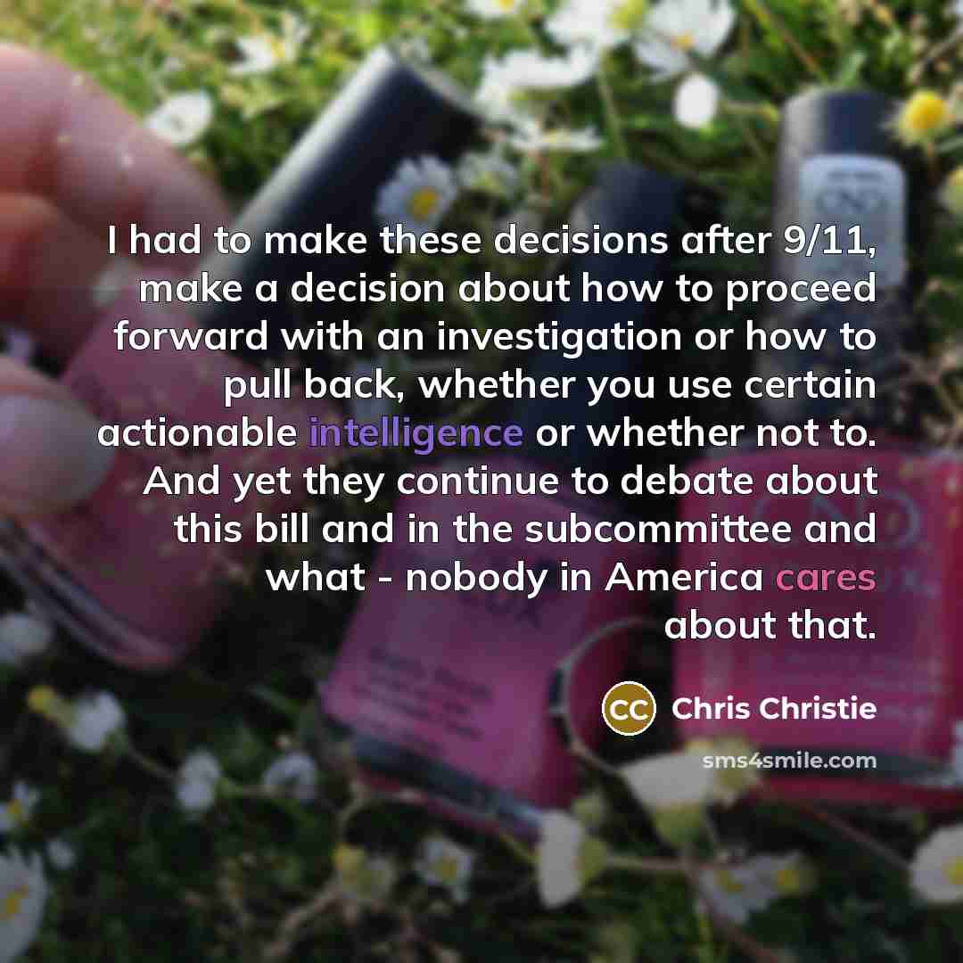“I had to make these decisions after 9/11, make a decision about how to proceed forward with an investigation or how to pull back, whether you use certain actionable intelligence or whether not to. And yet they continue to debate about this bill and in the subcommittee and what - nobody in America…” quote by Chris Christie