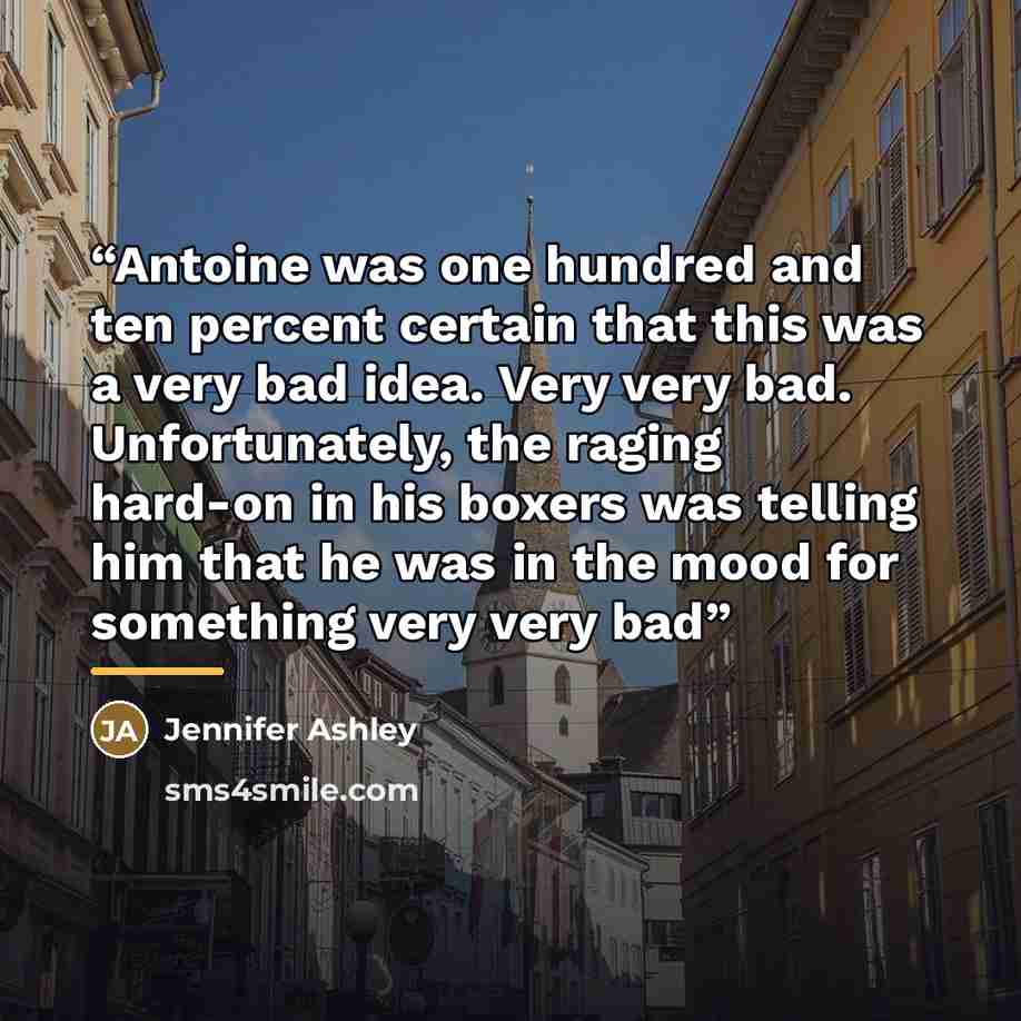 “Antoine was one hundred and ten percent certain that this was a very bad idea. Very very bad. Unfortunately, the raging hard-on in his boxers was telling him that he was in the mood for something very very bad” quote by Jennifer Ashley