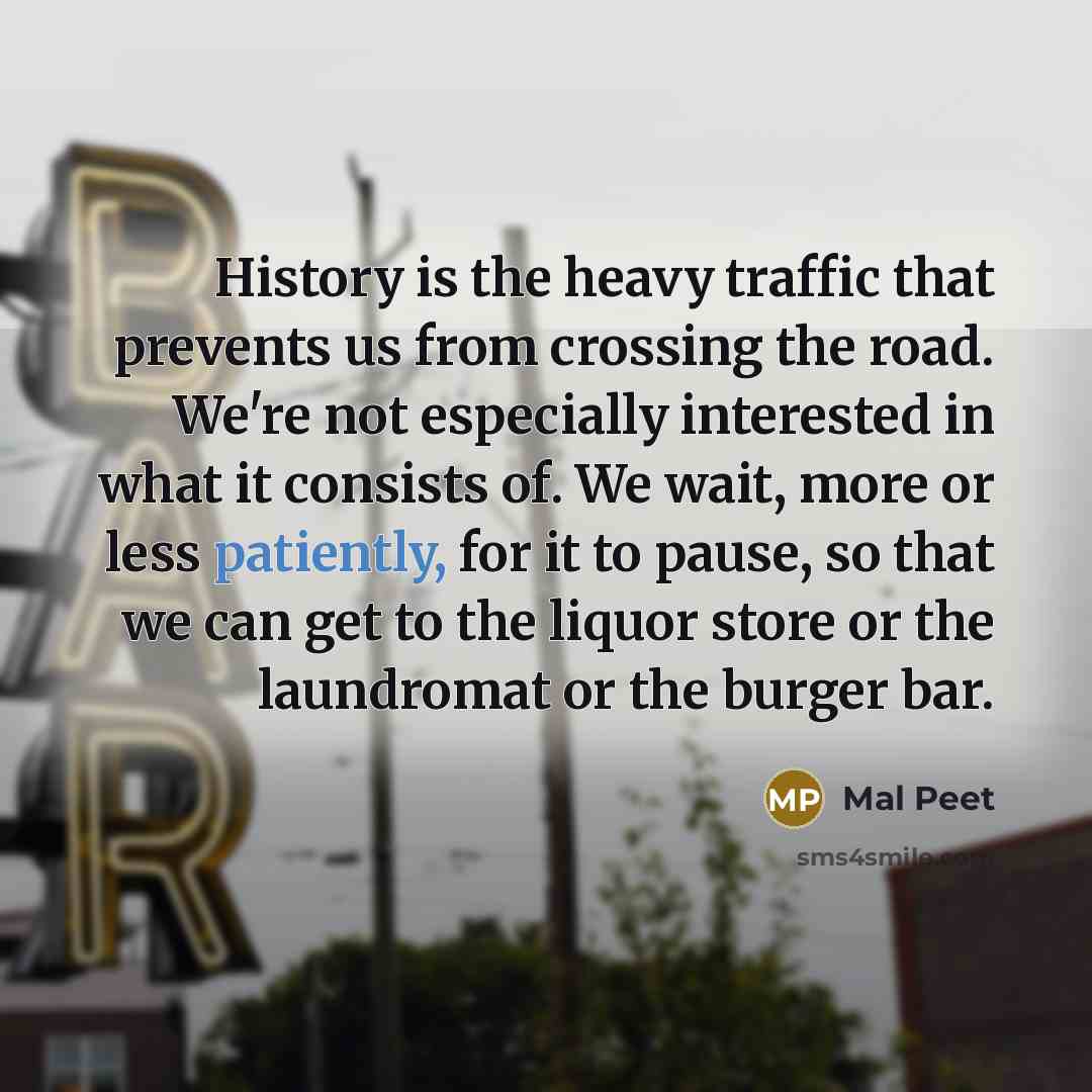 “History is the heavy traffic that prevents us from crossing the road. We're not especially interested in what it consists of. We wait, more or less patiently, for it to pause, so that we can get to the liquor store or the laundromat or the burger bar.” quote by Mal Peet