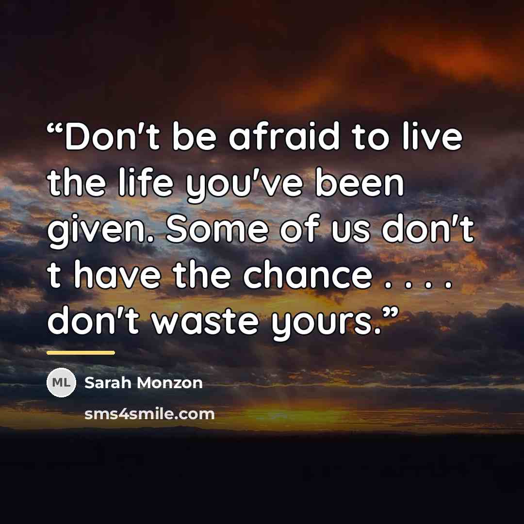 “Don't be afraid to live the life you've been given. Some of us don't t have the chance . . . . don't waste yours.” quote by Sarah Monzon