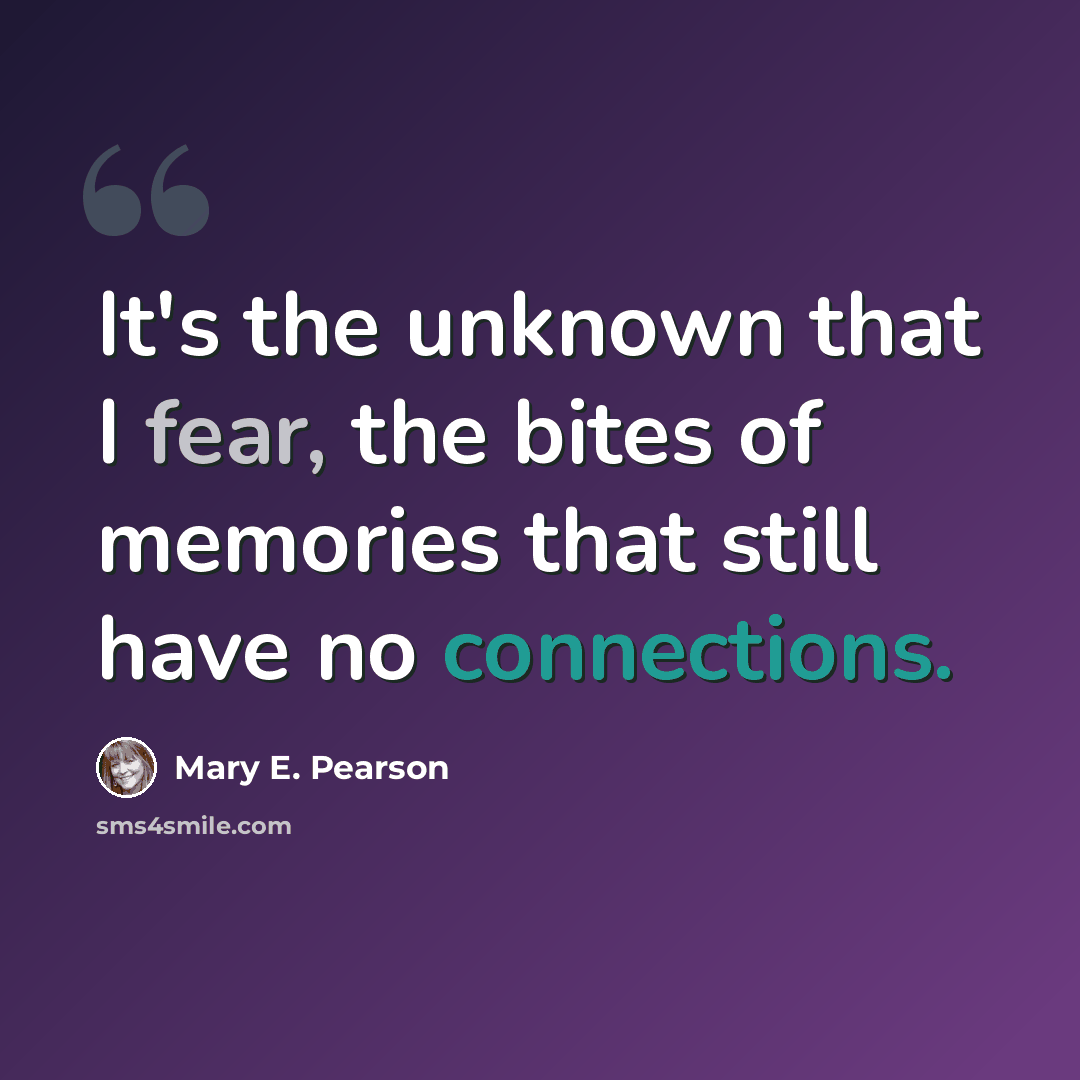 “It's the unknown that I fear, the bites of memories that still have no connections.” quote by Mary E. Pearson