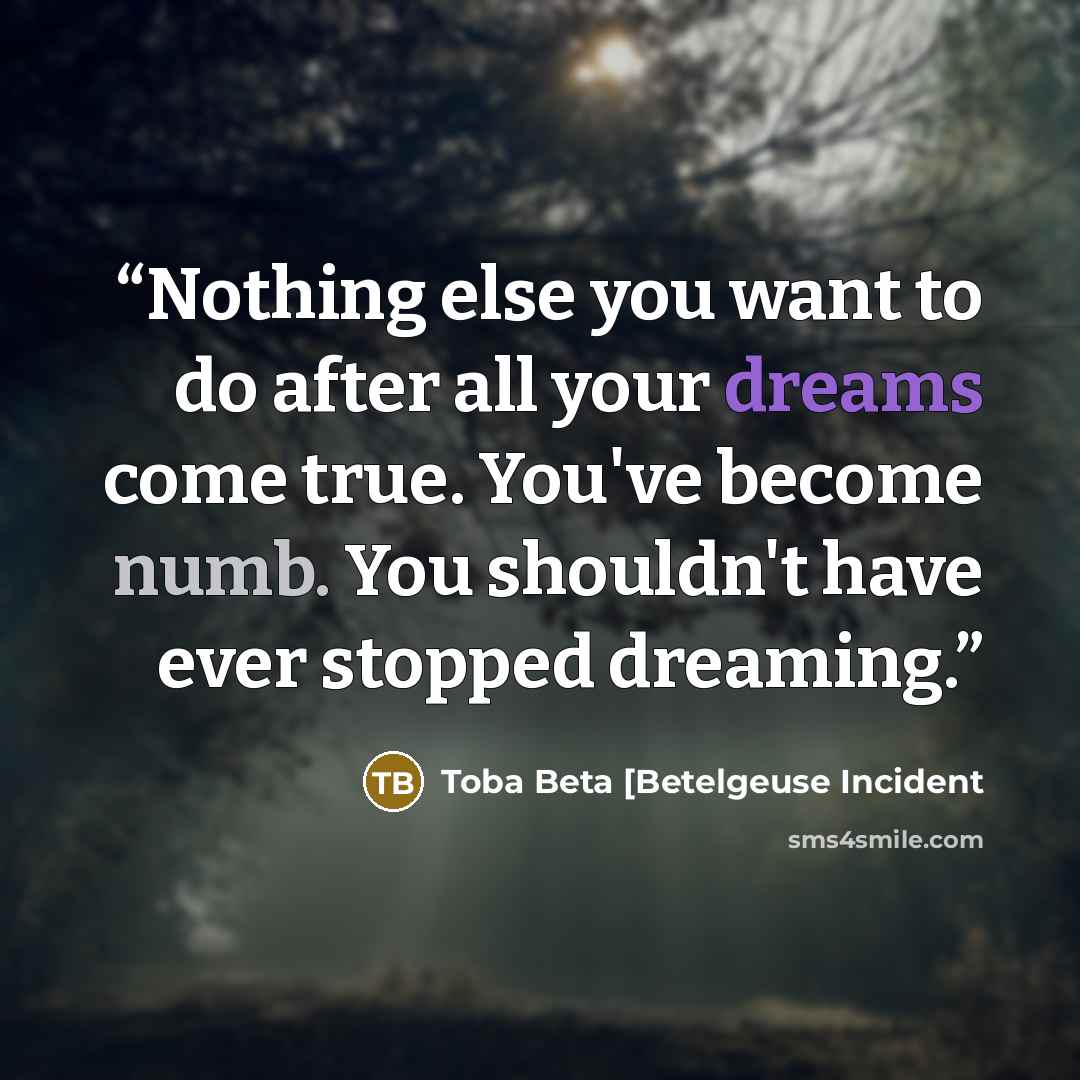 “Nothing else you want to do after all your dreams come true. You've become numb. You shouldn't have ever stopped dreaming.” quote by Toba Beta [Betelgeuse Incident