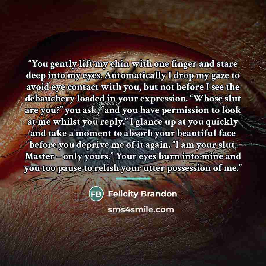 “You gently lift my chin with one finger and stare deep into my eyes. Automatically I drop my gaze to avoid eye contact with you, but not before I see the debauchery loaded in your expression. “Whose slut are you?” you ask, “and you have permission to look at me whilst you reply.” I glance up at…” quote by Felicity Brandon