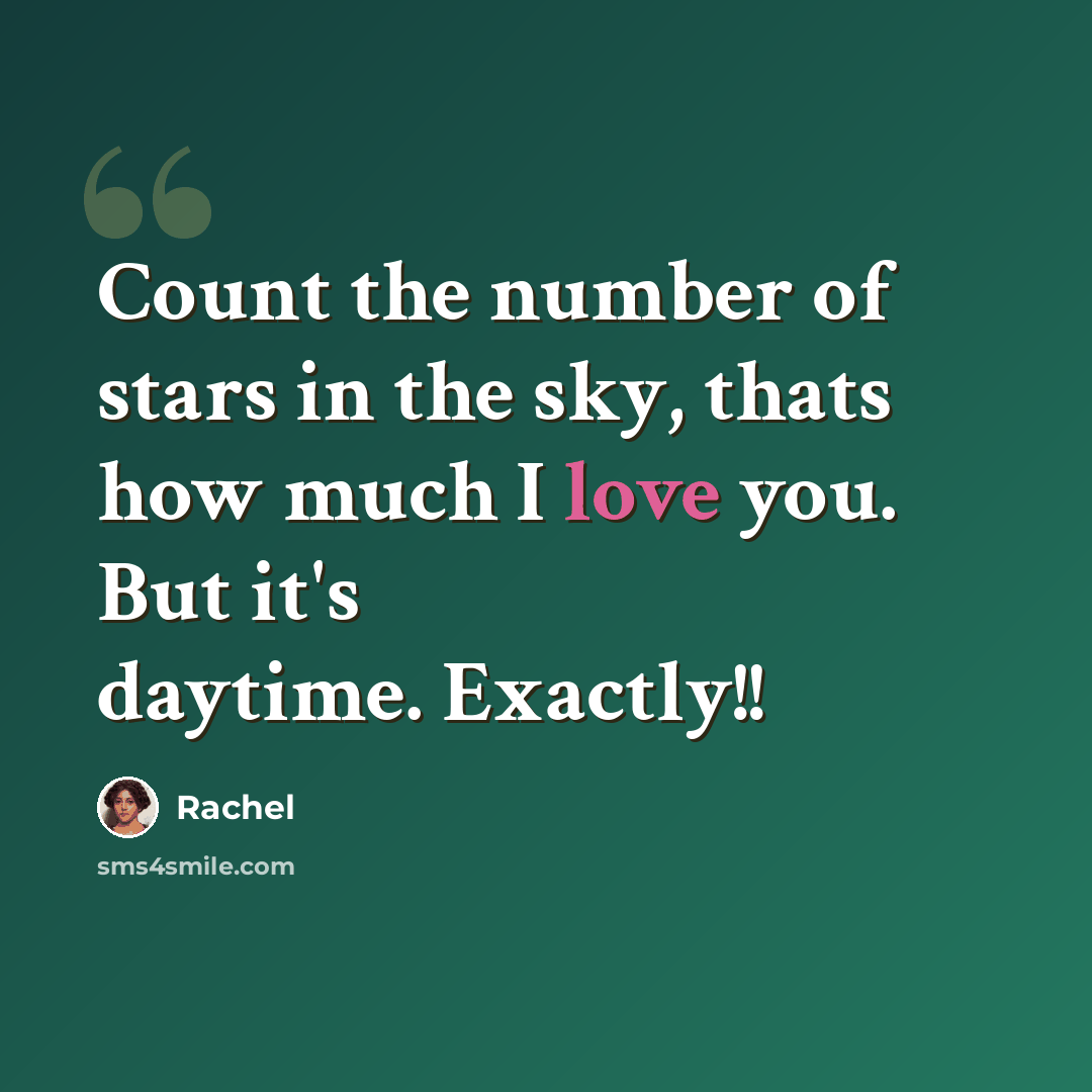 “Count the number of stars in the sky, thats how much I love you. But it's daytime. Exactly!!” quote by Rachel