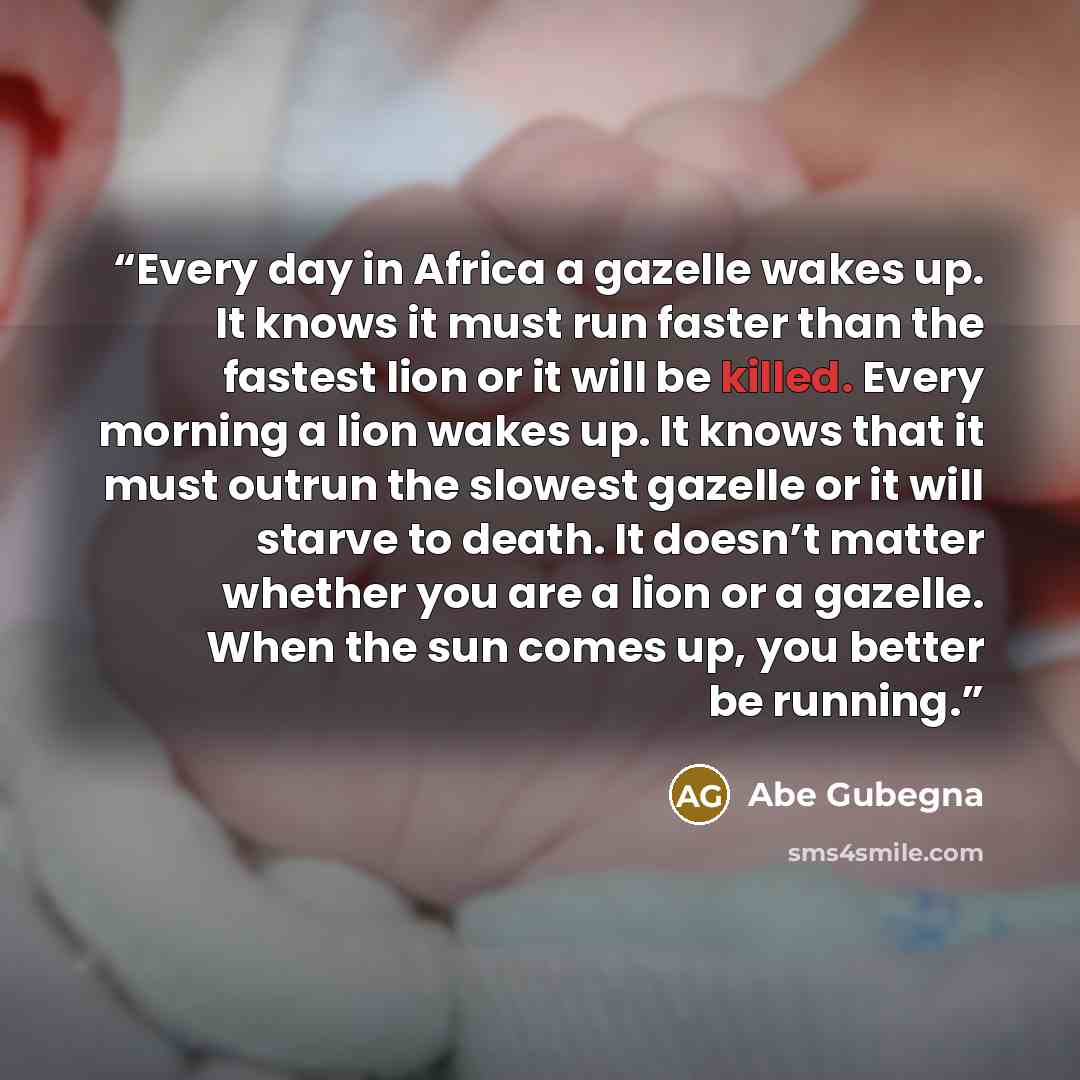 “Every day in Africa a gazelle wakes up. It knows it must run faster than the fastest lion or it will be killed. Every morning a lion wakes up. It knows that it must outrun the slowest gazelle or it will starve to death. It doesn’t matter whether you are a lion or a gazelle. When the sun comes up…” quote by Abe Gubegna