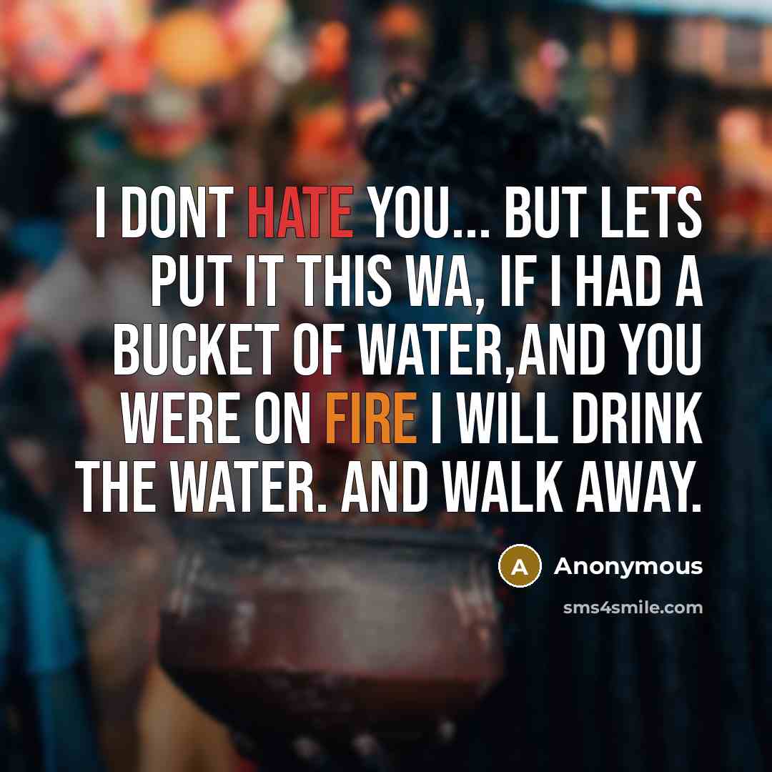 “I dont hate you... but lets put it this wa, if I had a bucket of water,and you were on fire I will drink the water. and walk away.” quote by Anonymous