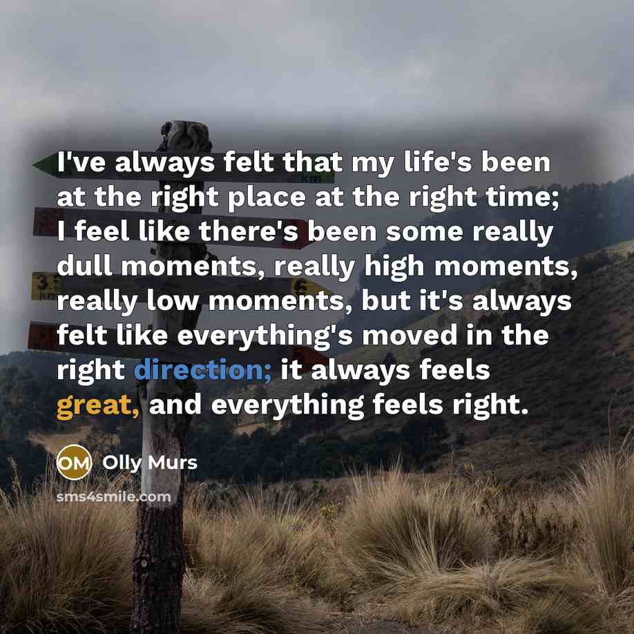 “I've always felt that my life's been at the right place at the right time; I feel like there's been some really dull moments, really high moments, really low moments, but it's always felt like everything's moved in the right direction; it always feels great, and everything feels right.” quote by Olly Murs