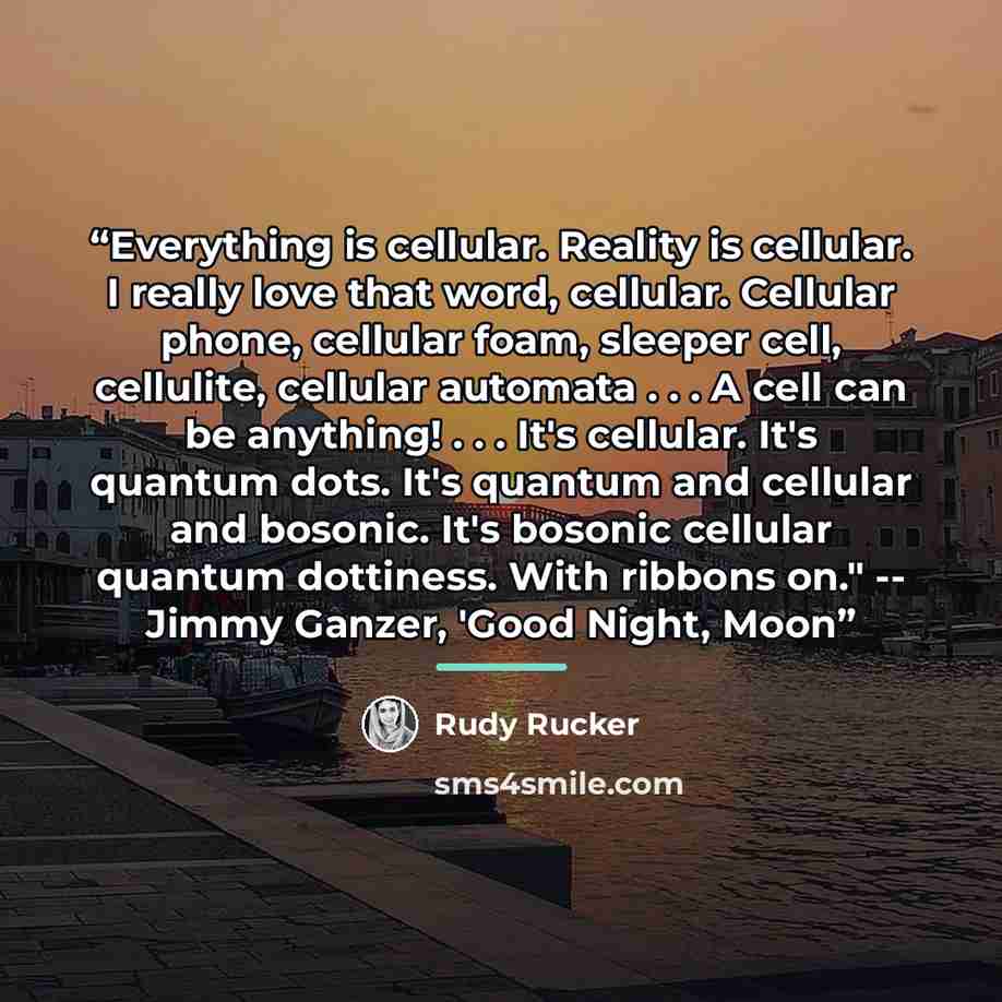 “Everything is cellular. Reality is cellular. I really love that word, cellular. Cellular phone, cellular foam, sleeper cell, cellulite, cellular automata . . . A cell can be anything! . . . It's cellular. It's quantum dots. It's quantum and cellular and bosonic. It's bosonic cellular quantum…” quote by Rudy Rucker