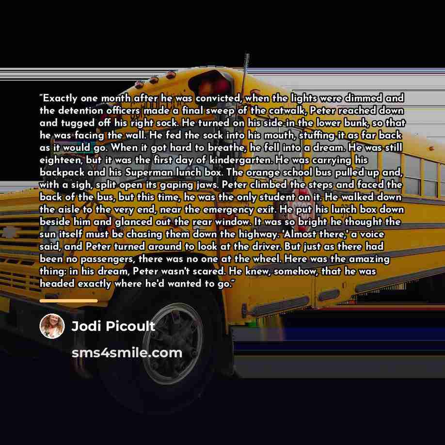 “Exactly one month after he was convicted, when the lights were dimmed and the detention officers made a final sweep of the catwalk, Peter reached down and tugged off his right sock. He turned on his side in the lower bunk, so that he was facing the wall. He fed the sock into his mouth, stuffing it…” quote by Jodi Picoult