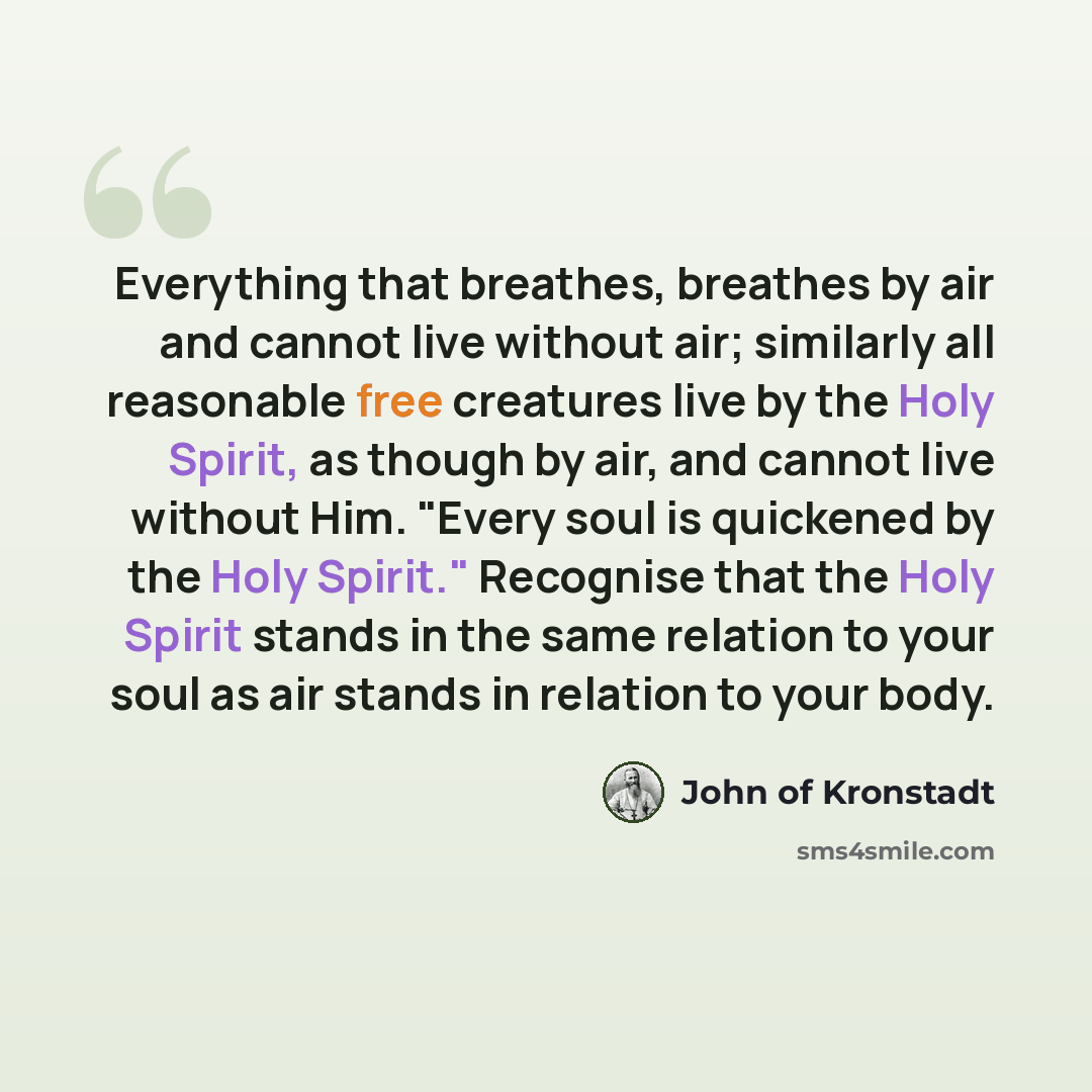 “Everything that breathes, breathes by air and cannot live without air; similarly all reasonable free creatures live by the Holy Spirit, as though by air, and cannot live without Him. "Every soul is quickened by the Holy Spirit." Recognise that the Holy Spirit stands in the same relation to your…” quote by John of Kronstadt