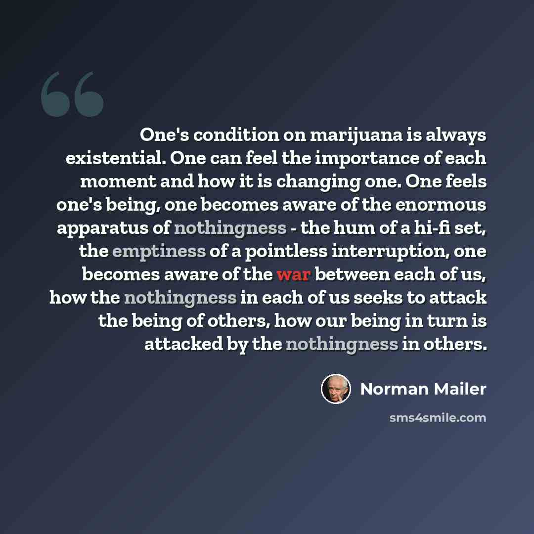“One's condition on marijuana is always existential. One can feel the importance of each moment and how it is changing one. One feels one's being, one becomes aware of the enormous apparatus of nothingness - the hum of a hi-fi set, the emptiness of a pointless interruption, one becomes aware of the…” quote by Norman Mailer