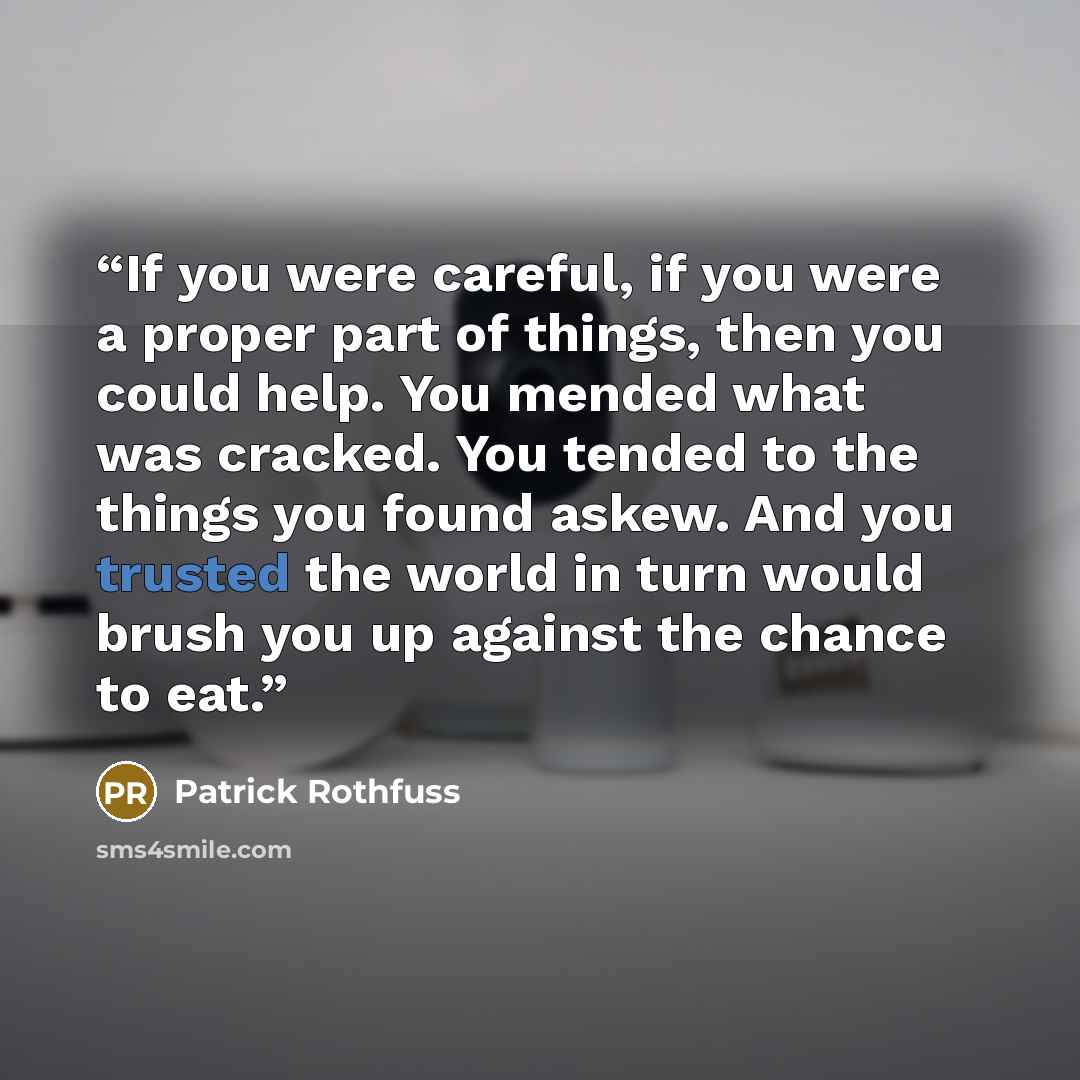 “If you were careful, if you were a proper part of things, then you could help. You mended what was cracked. You tended to the things you found askew. And you trusted the world in turn would brush you up against the chance to eat.” quote by Patrick Rothfuss