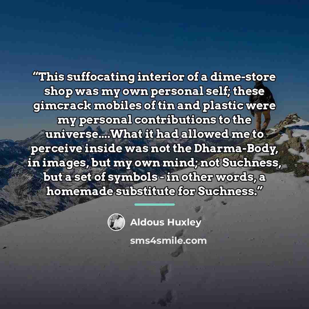 “This suffocating interior of a dime-store shop was my own personal self; these gimcrack mobiles of tin and plastic were my personal contributions to the universe…What it had allowed me to perceive inside was not the Dharma-Body, in images, but my own mind; not Suchness, but a set of symbols - in…” quote by Aldous Huxley