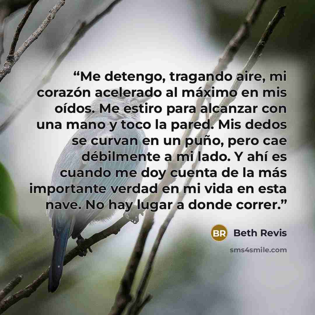 “Me detengo, tragando aire, mi corazón acelerado al máximo en mis oídos. Me estiro para alcanzar con una mano y toco la pared. Mis dedos se curvan en un puño, pero cae débilmente a mi lado. Y ahí es cuando me doy cuenta de la más importante verdad en mi vida en esta nave. No hay lugar a donde correr.” quote by Beth Revis