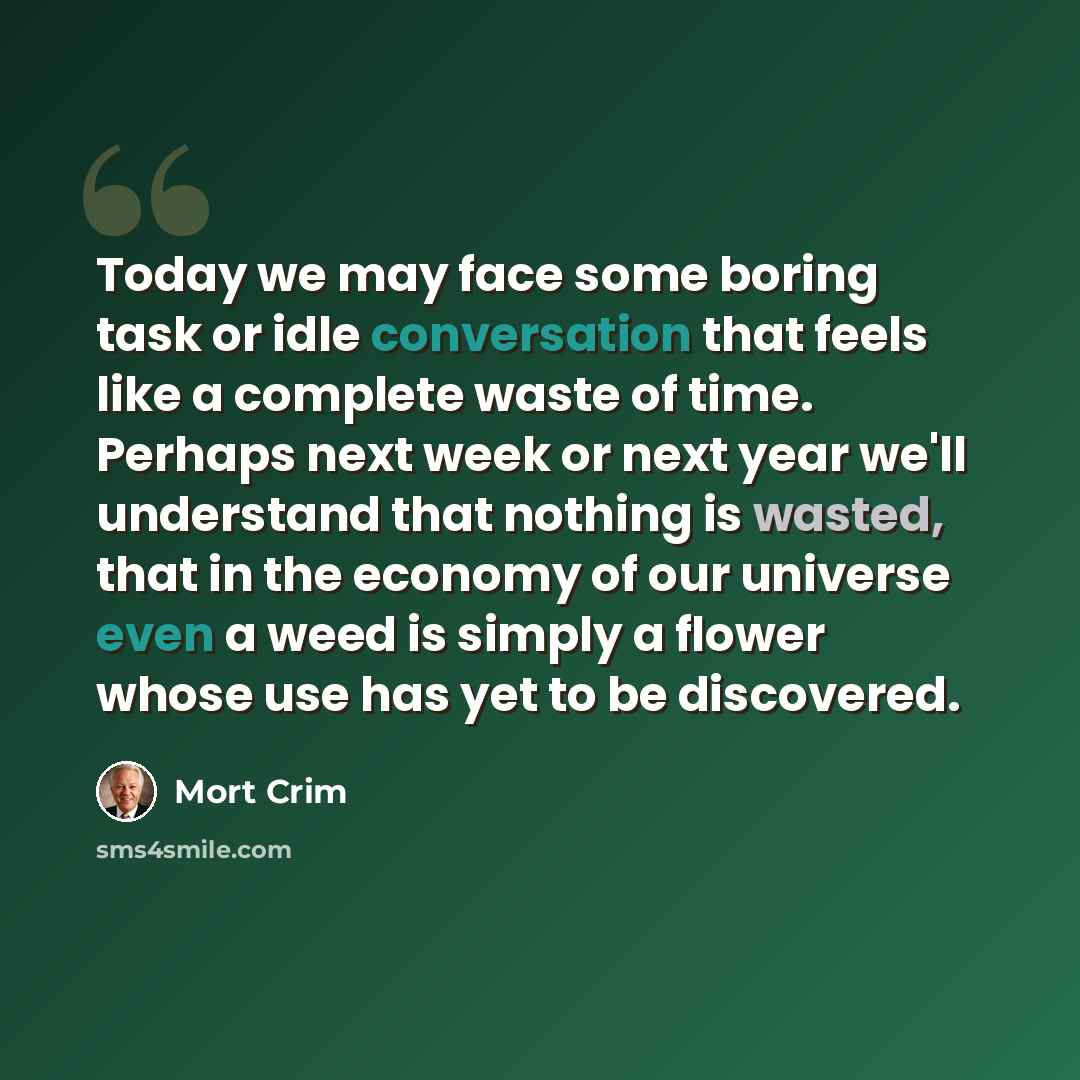 “Today we may face some boring task or idle conversation that feels like a complete waste of time. Perhaps next week or next year we'll understand that nothing is wasted, that in the economy of our universe even a weed is simply a flower whose use has yet to be discovered.” quote by Mort Crim