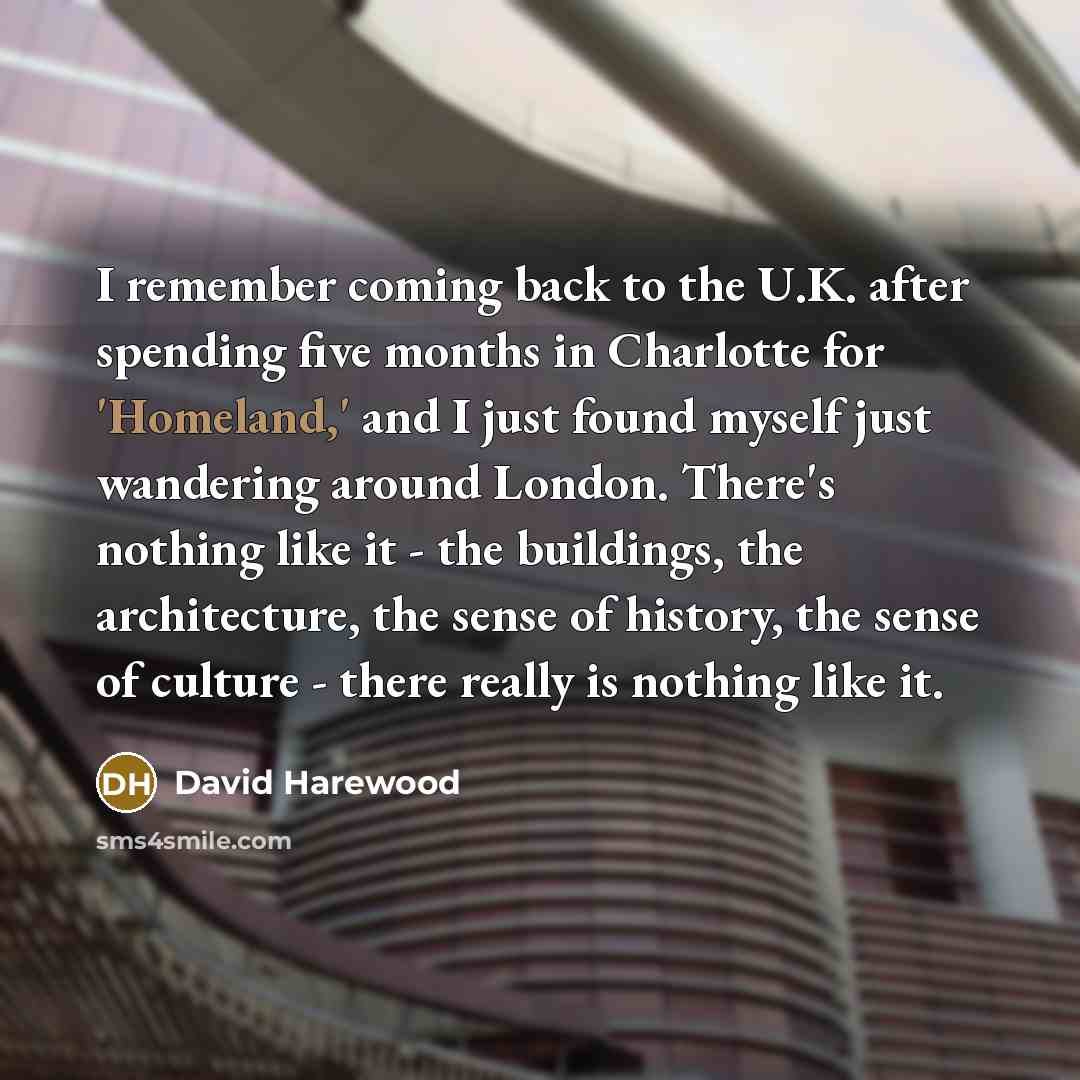 “I remember coming back to the U.K. after spending five months in Charlotte for 'Homeland,' and I just found myself just wandering around London. There's nothing like it - the buildings, the architecture, the sense of history, the sense of culture - there really is nothing like it.” quote by David Harewood