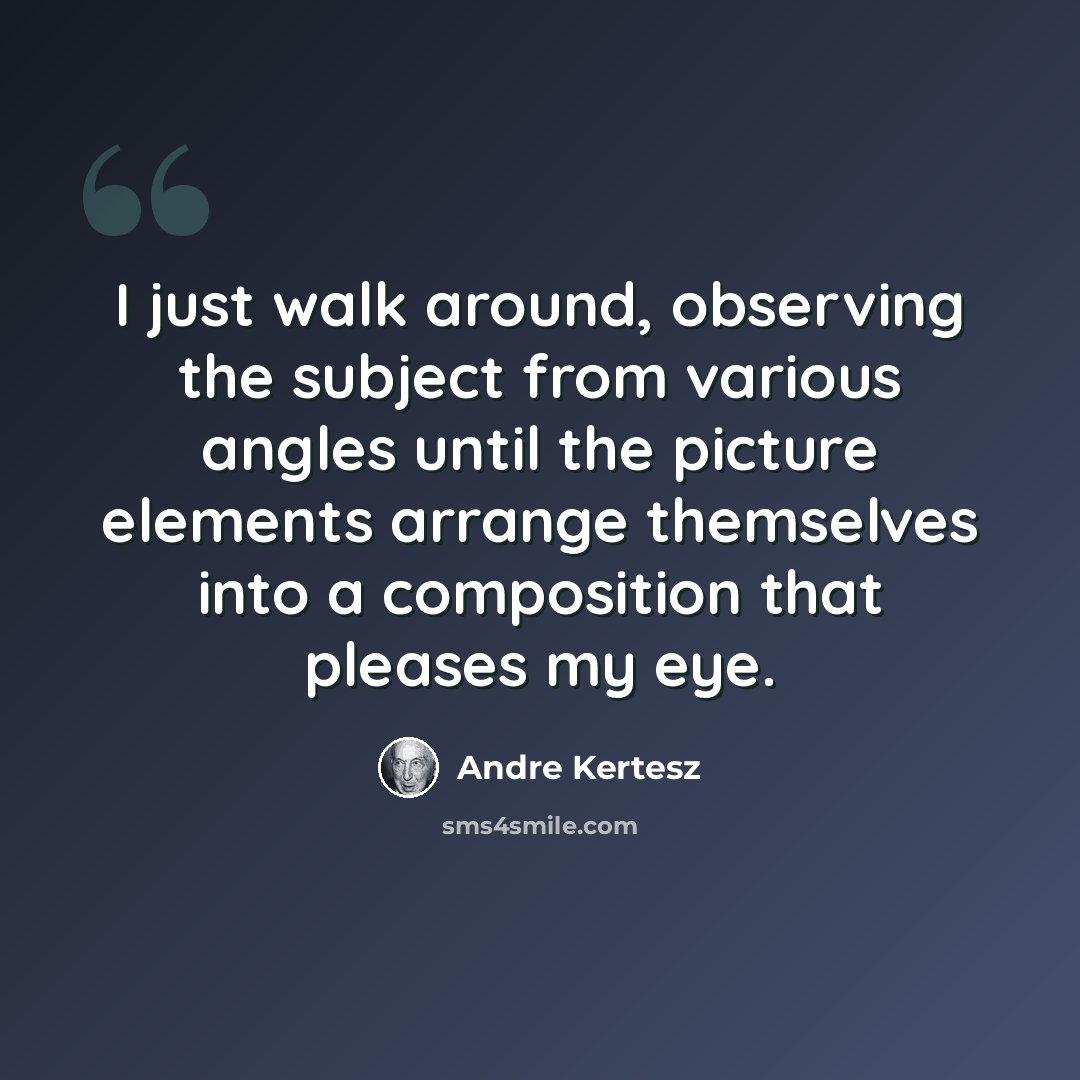 “I just walk around, observing the subject from various angles until the picture elements arrange themselves into a composition that pleases my eye.” quote by Andre Kertesz