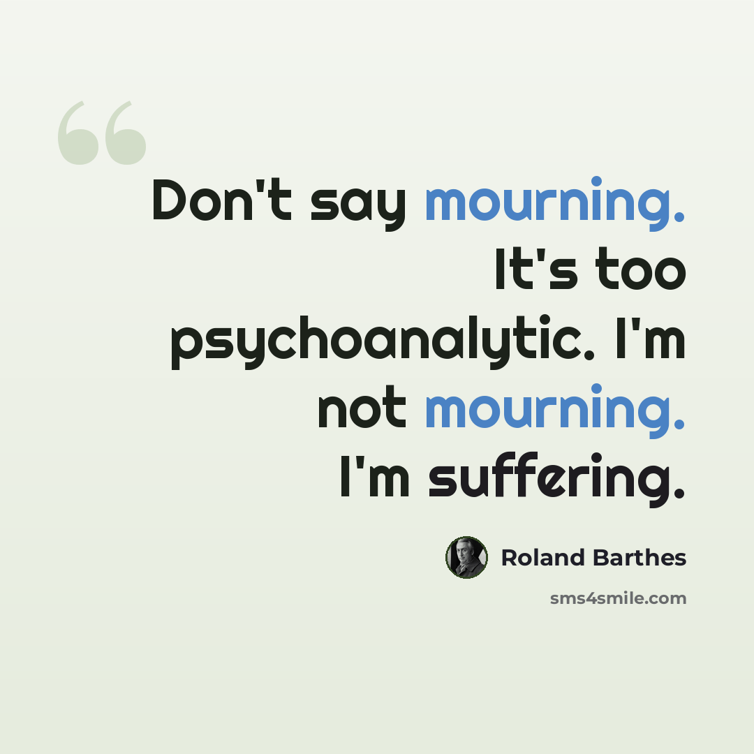 “Don't say mourning. It's too psychoanalytic. I'm not mourning. I'm suffering.” quote by Roland Barthes