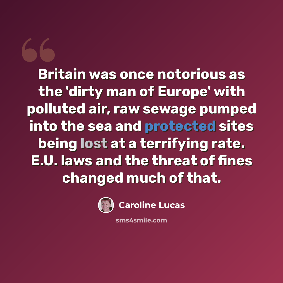 “Britain was once notorious as the 'dirty man of Europe' with polluted air, raw sewage pumped into the sea and protected sites being lost at a terrifying rate. E.U. laws and the threat of fines changed much of that.” quote by Caroline Lucas
