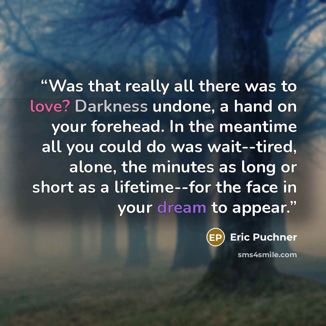 “Was that really all there was to love? Darkness undone, a hand on your forehead. In the meantime all you could do was wait--tired, alone, the minutes as long or short as a lifetime--for the face in your dream to appear.” quote by Eric Puchner