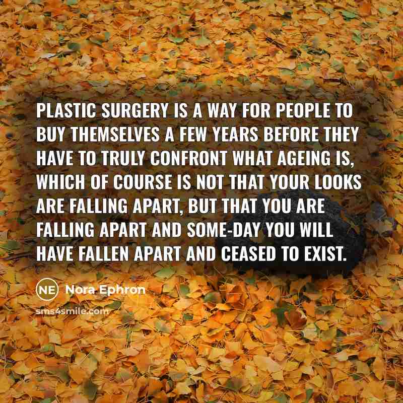 “Plastic surgery is a way for people to buy themselves a few years before they have to truly confront what ageing is, which of course is not that your looks are falling apart, but that you are falling apart and some-day you will have fallen apart and ceased to exist.” quote by Nora Ephron