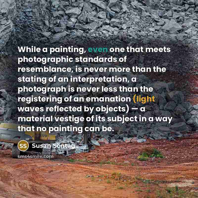 “While a painting, even one that meets photographic standards of resemblance, is never more than the stating of an interpretation, a photograph is never less than the registering of an emanation (light waves reflected by objects) — a material vestige of its subject in a way that no painting can be.” quote by Susan Sontag