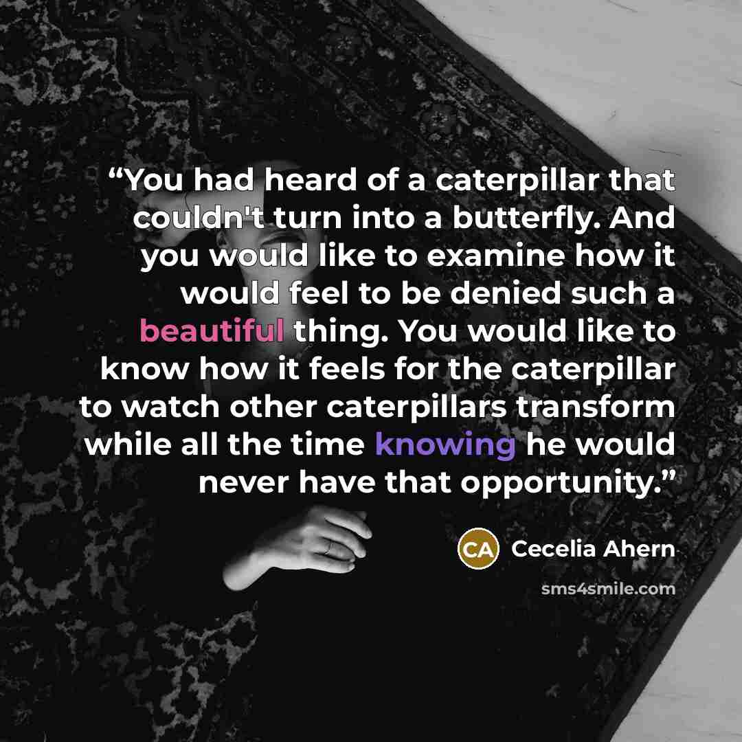 “You had heard of a caterpillar that couldn't turn into a butterfly. And you would like to examine how it would feel to be denied such a beautiful thing. You would like to know how it feels for the caterpillar to watch other caterpillars transform while all the time knowing he would never have that…” quote by Cecelia Ahern