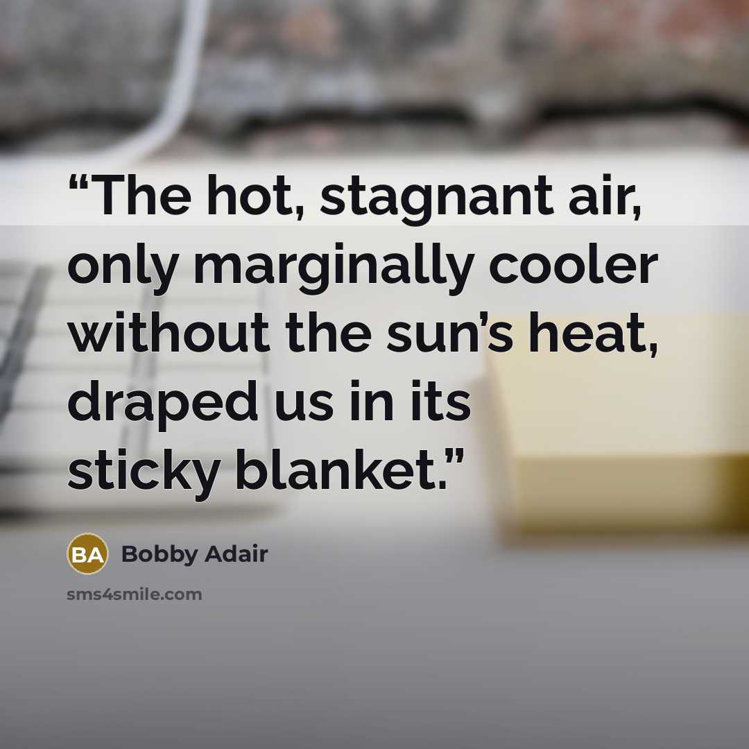“The hot, stagnant air, only marginally cooler without the sun’s heat, draped us in its sticky blanket.” quote by Bobby Adair