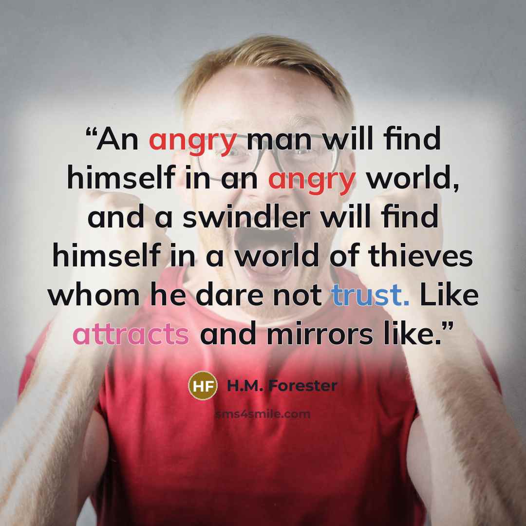 “An angry man will find himself in an angry world, and a swindler will find himself in a world of thieves whom he dare not trust. Like attracts and mirrors like.” quote by H.M. Forester