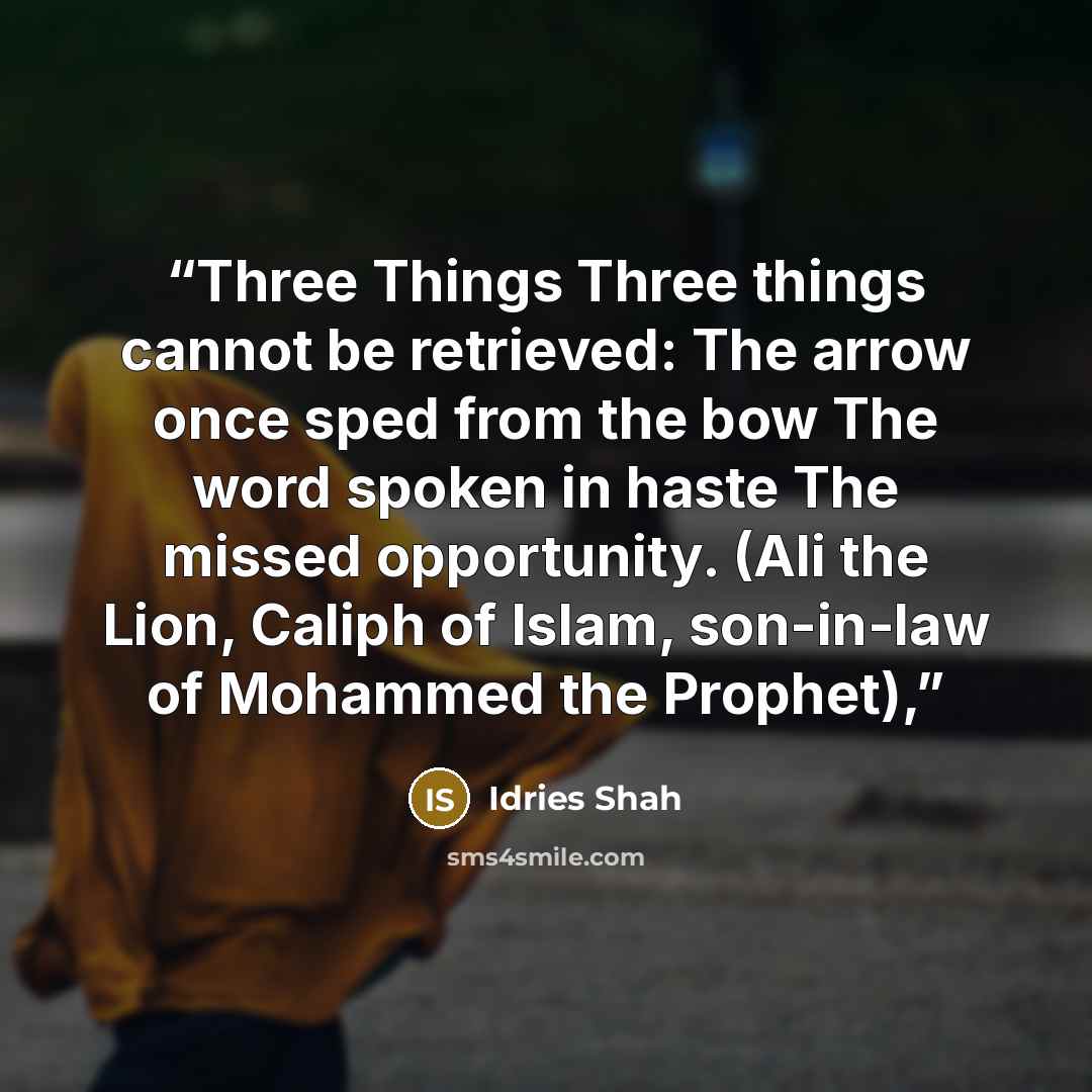 “Three Things Three things cannot be retrieved: The arrow once sped from the bow The word spoken in haste The missed opportunity. (Ali the Lion, Caliph of Islam, son-in-law of Mohammed the Prophet),” quote by Idries Shah