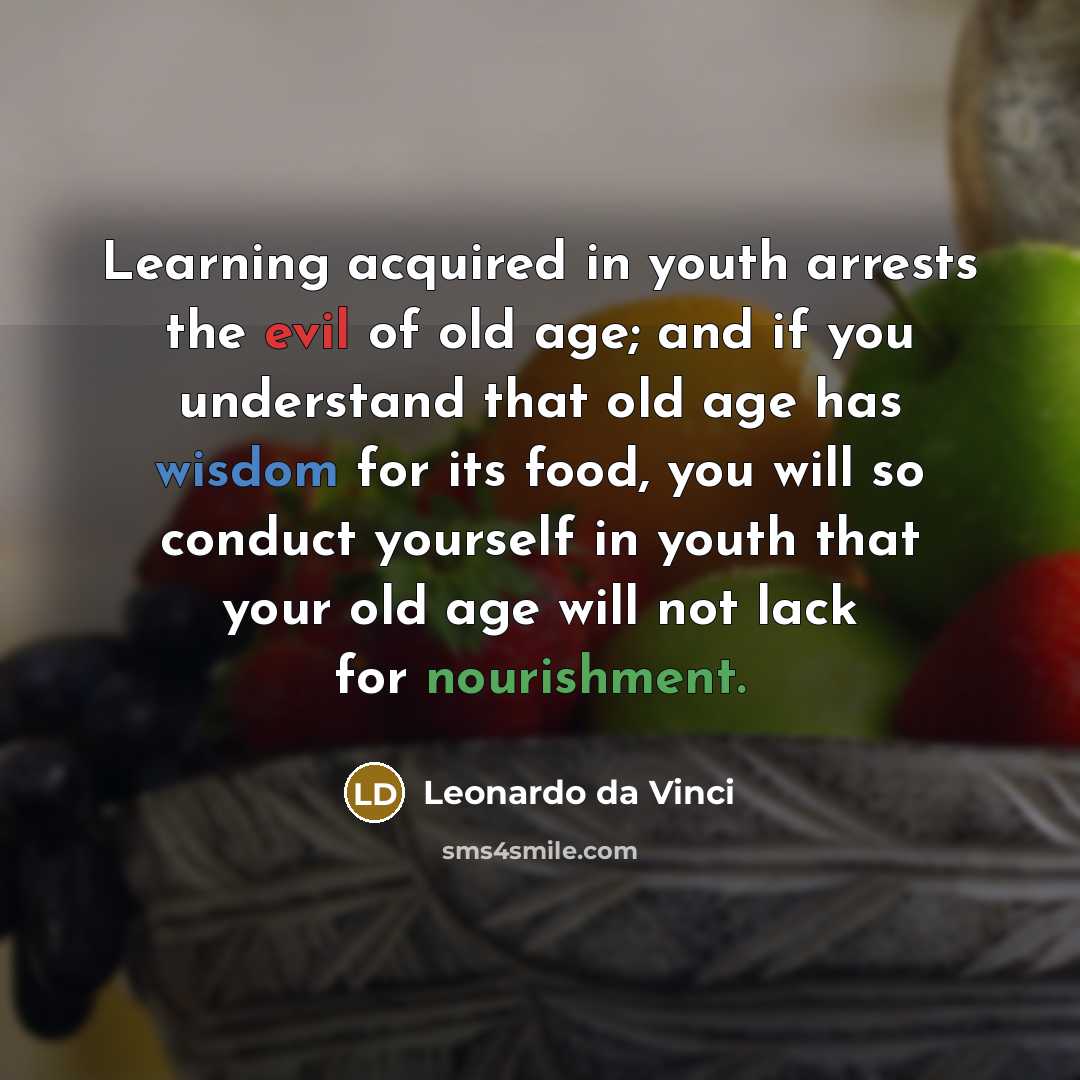 “Learning acquired in youth arrests the evil of old age; and if you understand that old age has wisdom for its food, you will so conduct yourself in youth that your old age will not lack for nourishment.” quote by Leonardo da Vinci