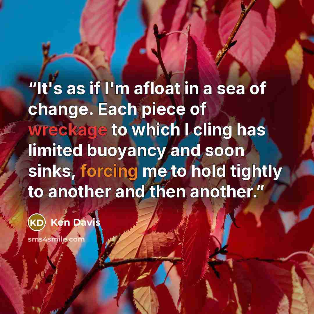 “It's as if I'm afloat in a sea of change. Each piece of wreckage to which I cling has limited buoyancy and soon sinks, forcing me to hold tightly to another and then another.” quote by Ken Davis