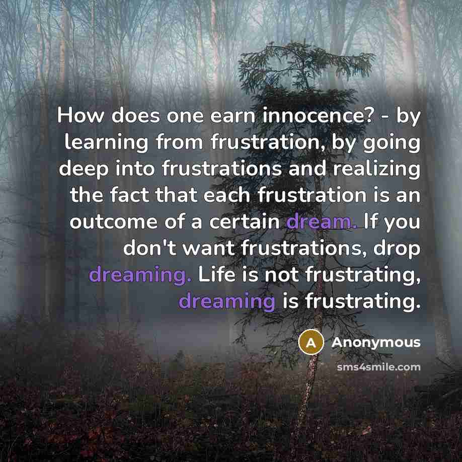 “How does one earn innocence? - by learning from frustration, by going deep into frustrations and realizing the fact that each frustration is an outcome of a certain dream. If you don't want frustrations, drop dreaming. Life is not frustrating, dreaming is frustrating.” quote by Anonymous