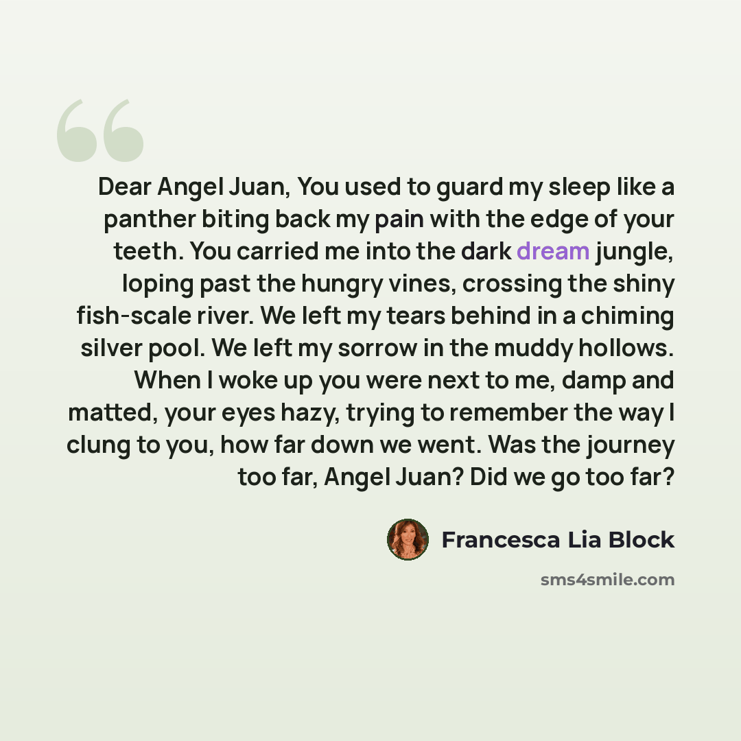 “Dear Angel Juan, You used to guard my sleep like a panther biting back my pain with the edge of your teeth. You carried me into the dark dream jungle, loping past the hungry vines, crossing the shiny fish-scale river. We left my tears behind in a chiming silver pool. We left my sorrow in the muddy…” quote by Francesca Lia Block