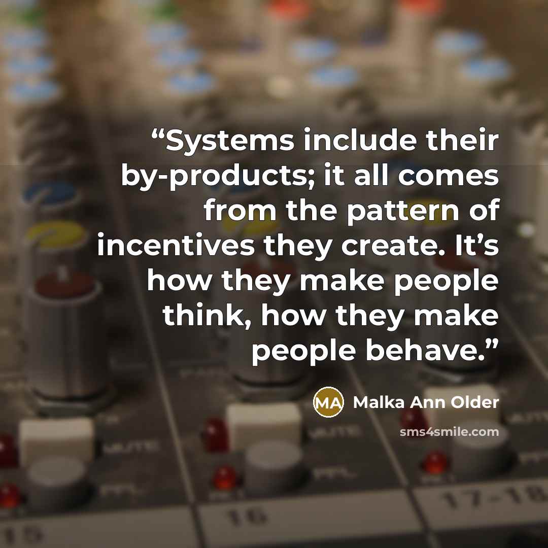 “Systems include their by-products; it all comes from the pattern of incentives they create. It’s how they make people think, how they make people behave.” quote by Malka Ann Older