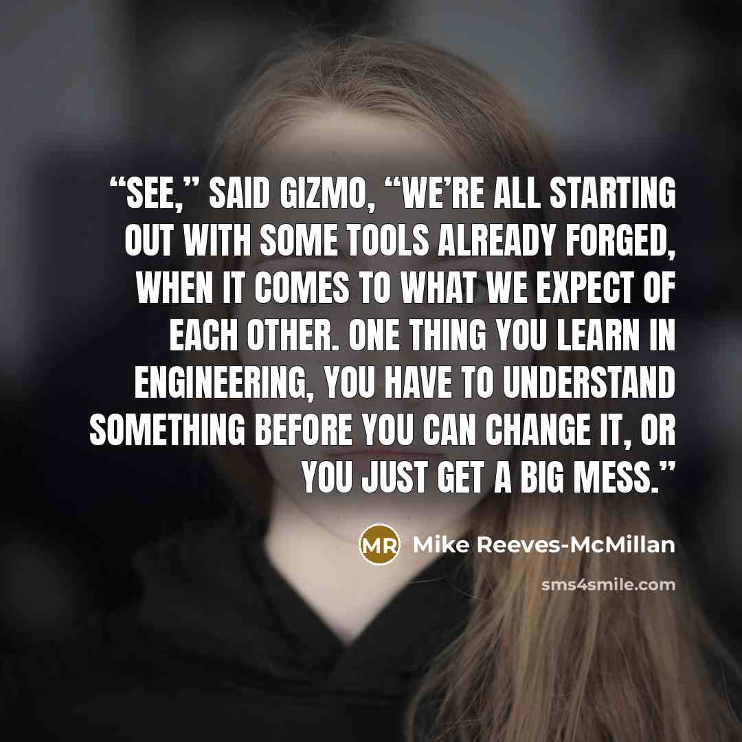 “See,” said Gizmo, “we’re all starting out with some tools already forged, when it comes to what we expect of each other. One thing you learn in engineering, you have to understand something before you can change it, or you just get a big mess.” quote by Mike Reeves-McMillan